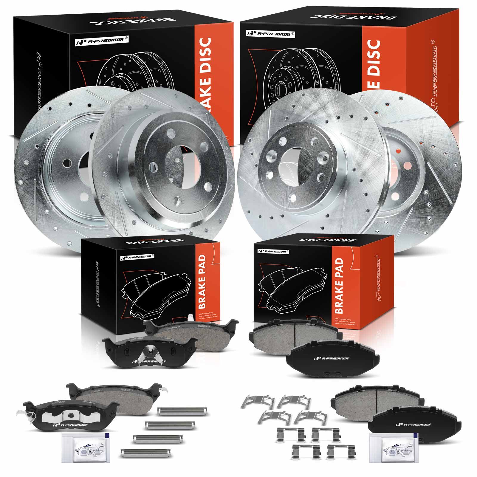 12 Pcs Drilled Rotors & Ceramic Brake Pads for 2002 Mercury Grand Marquis