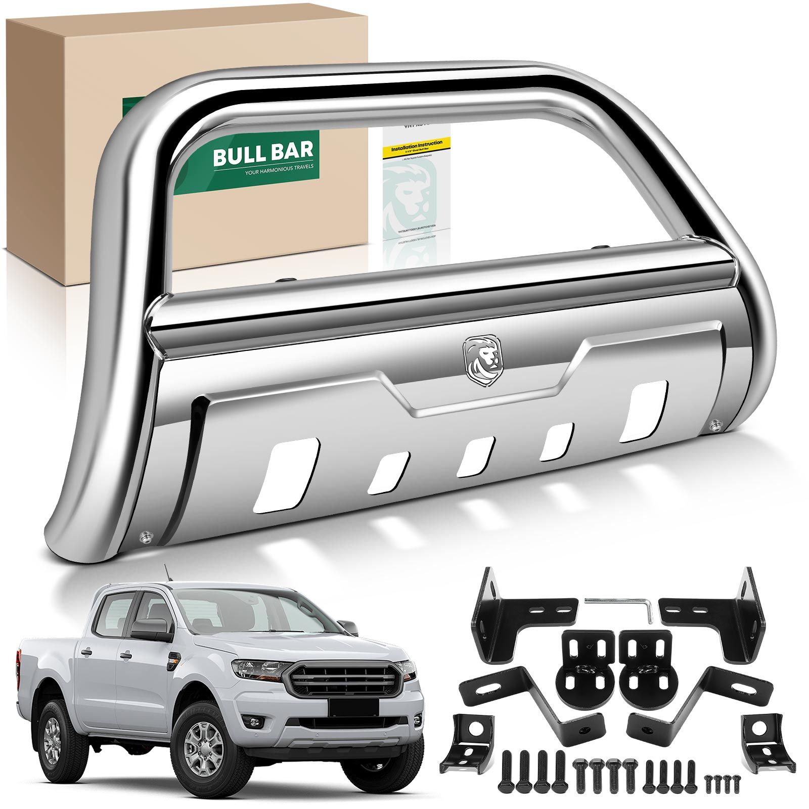 3.5 Inch Silver S/S 304 Oval Bull Bar Front Bumper Grille Guard with Skid Plate for Ford Ranger 19-23