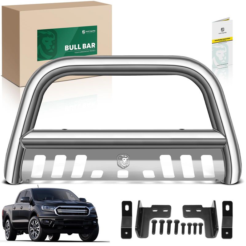 3 Inch Silver S/S 304 Oval Bull Bar Front Bumper Grille Guard with Skid Plate for Ford Ranger 2019-2023