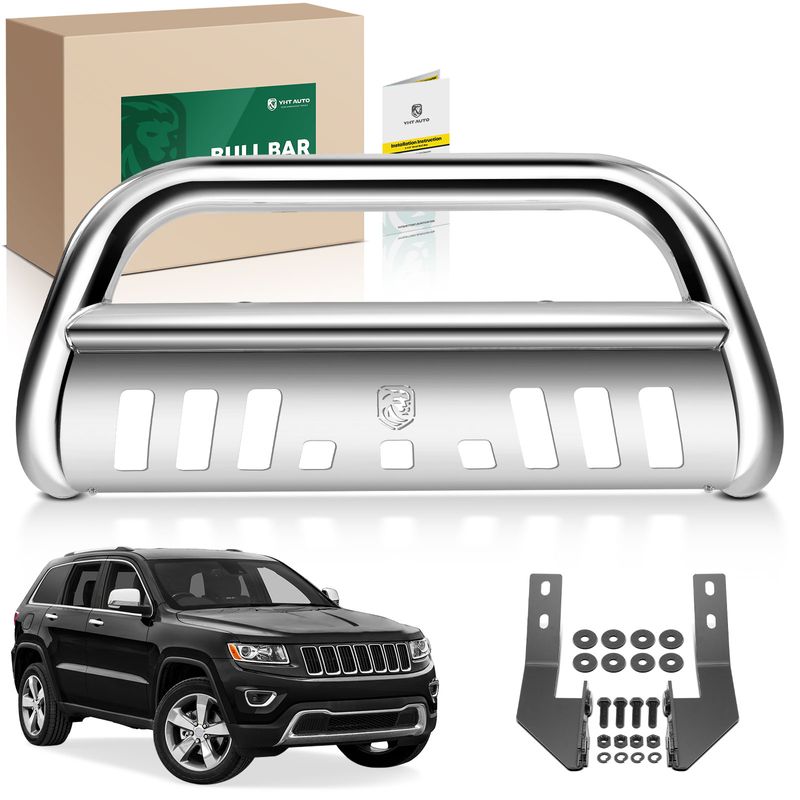 3 Inch Silver S/S 304 Bull Bar Front Bumper Grille Guard with Skid Plate for Jeep Grand Cherokee L