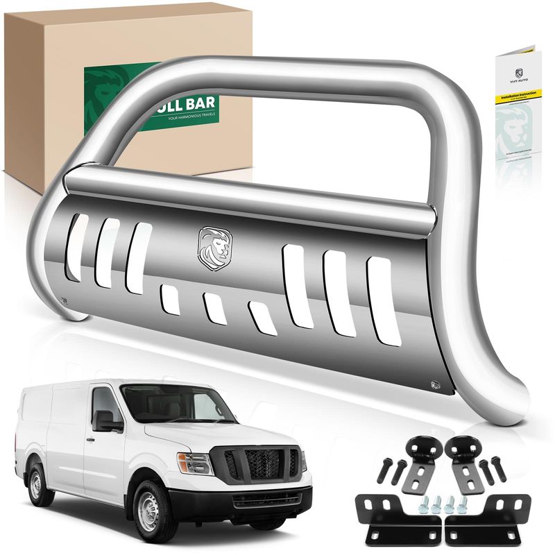 3 Inch Silver S/S 304 Bull Bar Front Bumper Grille Guard with Skid Plate for Nissan NV1500 NV2500 12-21