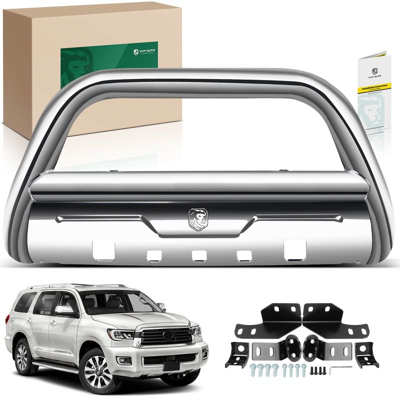 3.5 Inch Silver S/S 304 Bull Bar Push Front Bumper Grille Guard for Toyota Sequoia 08-22 Tundra 07-21