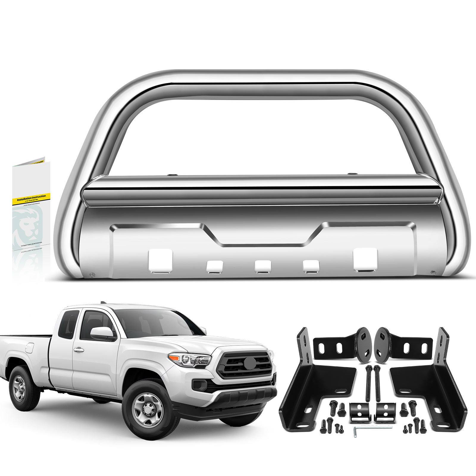 3.5 Inch Silver S/S 304 Bull Bar Front Bumper Grille Guard with Skid Plate for Toyota Tacoma 2005-2015