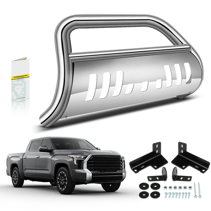 3 Inch Silver S/S 304 Bull Bar Front Bumper Grille Guard with Skid Plate for Toyota Tacoma 2016-2023