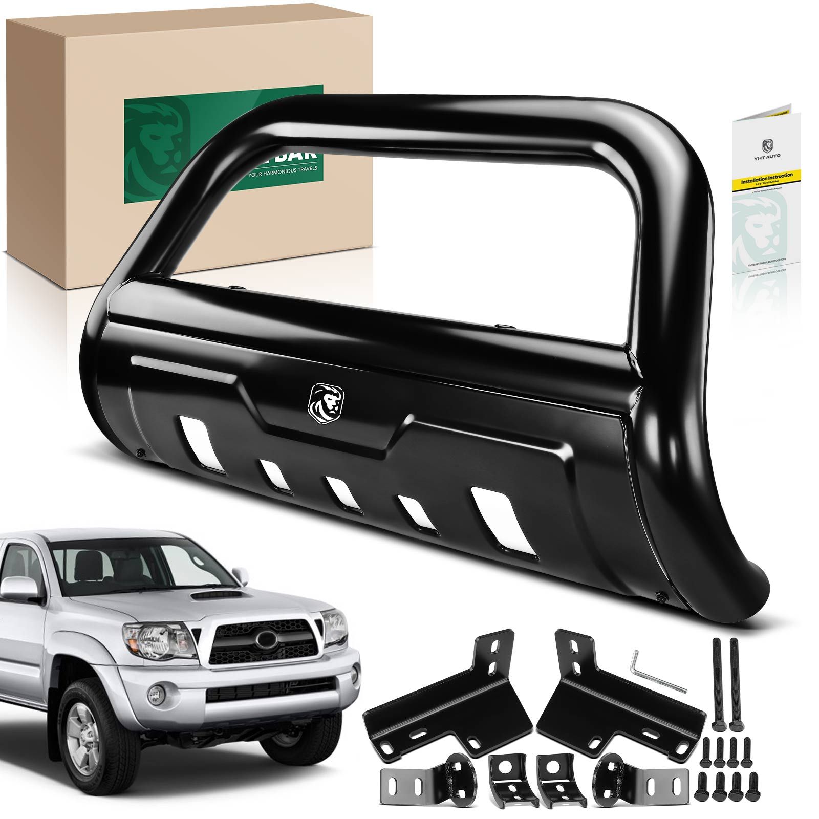 3.5 Inch Black Carbon Steel Bull Bar Front Bumper Grille Guard with Skid Plate for Toyota Tacoma 2005-2015