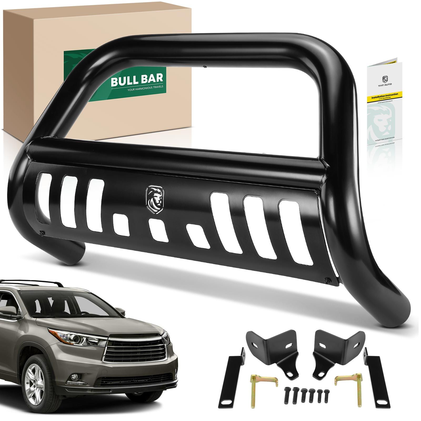 3 Inch Black Carbon Steel Bull Bar Front Bumper Grille Guard with Skid Plate for Toyota Highlander 14-16