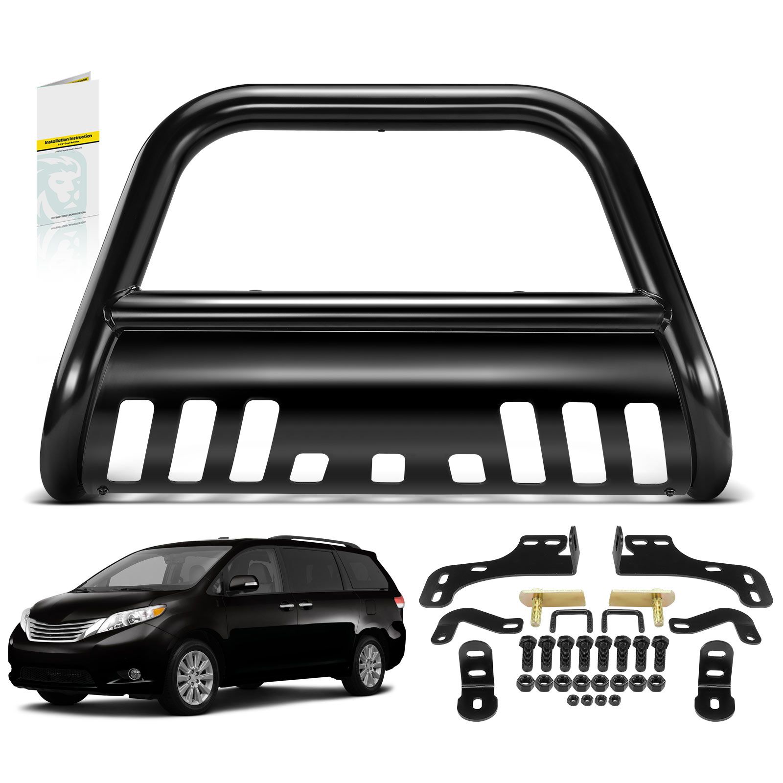 2.5 Inch Black Carbon Steel Bull Bar Front Bumper Grille Guard with Skid Plate for Toyota Sienna 11-13