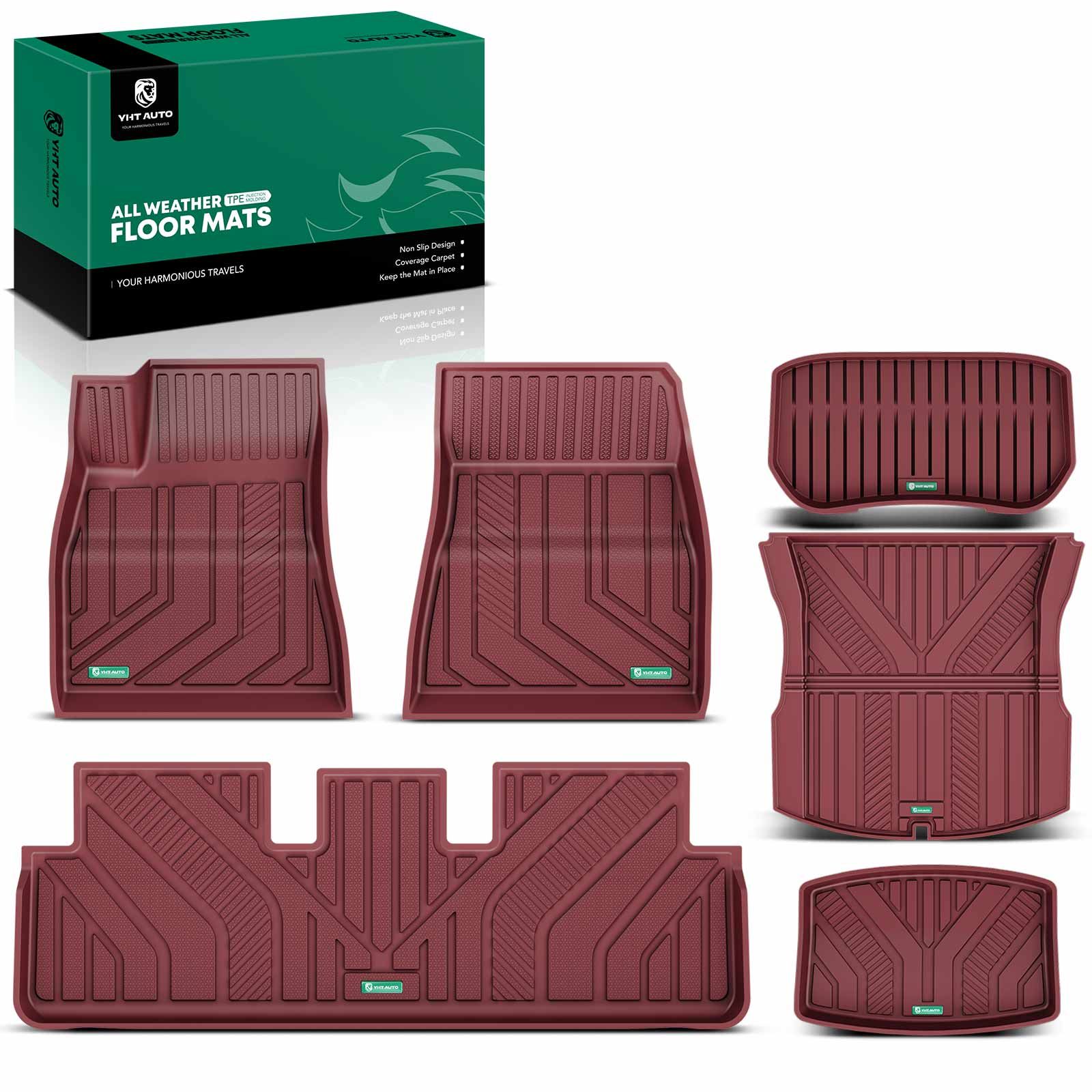 6 Pcs Front & Rear Red TPE textured Floor Mats Liners for 2024 Tesla 3