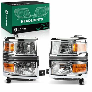 2 Pcs Clear Chrome Front Halogen Headlights Assembly for Chevy Silverado 1500 2014-2015