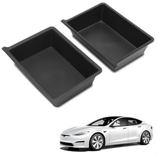 2 Pcs Under Seat Black Storage Box with Double-Layer for Tesla Y 2020-2024