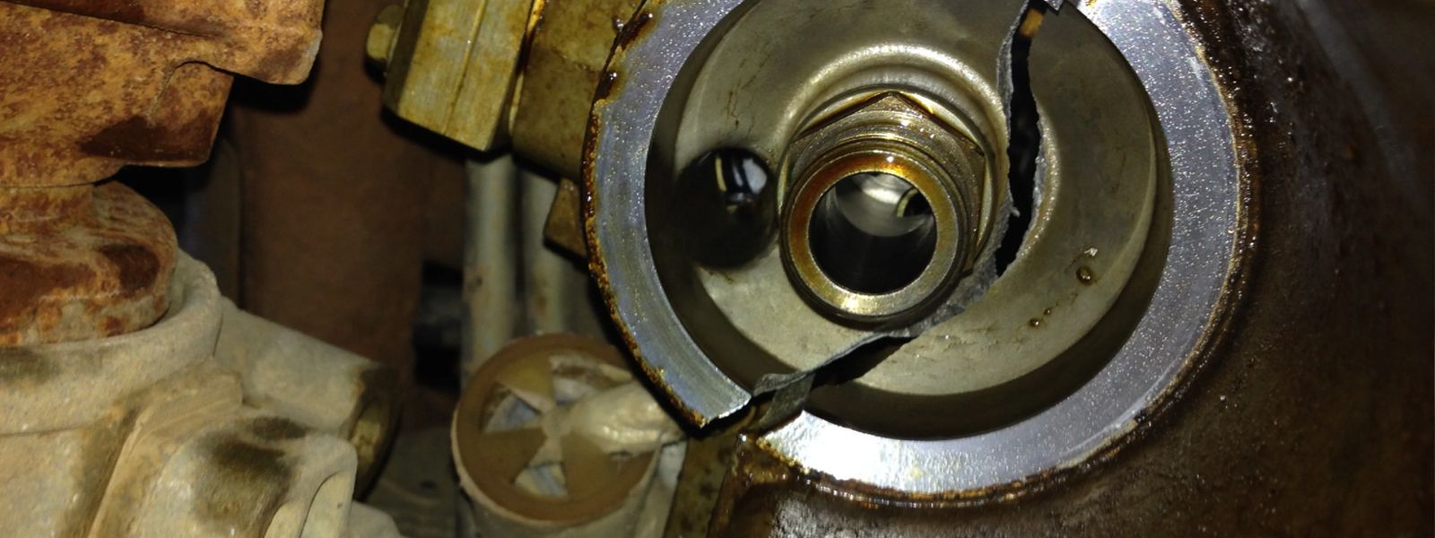 A cracked oil filter housing